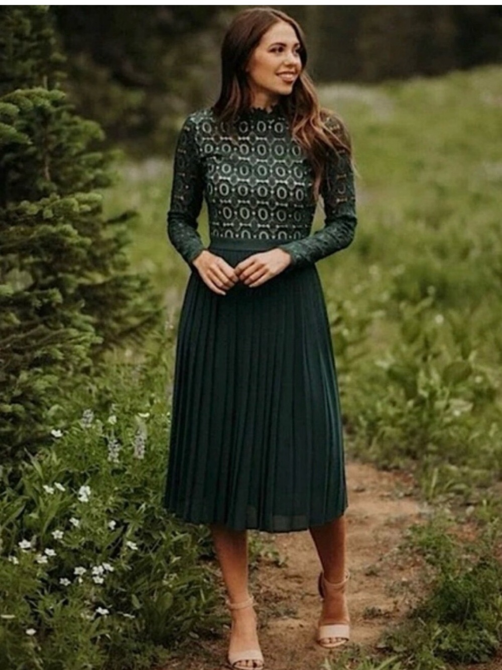 Ivy City Co Dark Green Lace Bodice Pleated Midi Dress